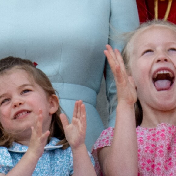 La princesse Charlotte de Cambridge, Savannah Phillips, le prince George de Cambridge - Les membres de la famille royale britannique lors du rassemblement militaire "Trooping the Colour" (le "salut aux couleurs"), célébrant l'anniversaire officiel du souverain britannique. Cette parade a lieu à Horse Guards Parade, chaque année au cours du deuxième samedi du mois de juin. Londres, le 9 juin 2018.