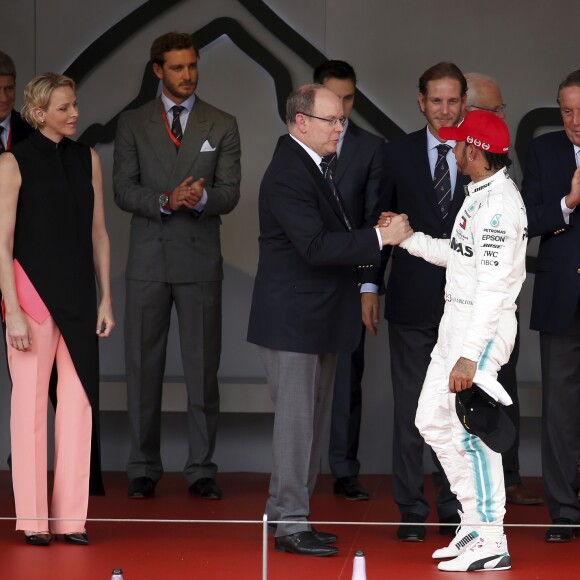 Le prince Albert II de Monaco, la princesse Charlene, Pierre Casiraghi, Louis Ducruet, Andrea Casiraghi et le prince Carl Philip de Suède durant le 77 eme Grand Prix de Formule 1 de Monaco remporté par Lewis Hamilton, suivi par S. Vettel et V. Bottas le 26 mai 2019. © JF Ottonello / Nice Matin / Bestimage