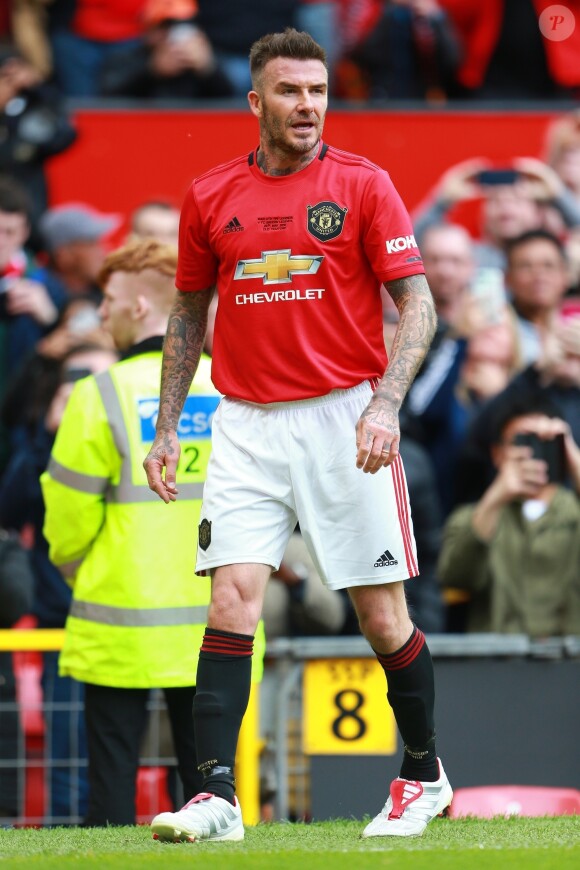 David Beckham joue un match de charité commémoratif de la finale légendaire de Ligue des champions de 1999 à Manchester en Angleterre. Le 26 mai 2019.