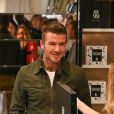 David Beckham fait la promotion de ses produits cosmétiques pour hommes House 99 (soins pour le visage, la barbe, le corps et les cheveux) dans la boutique éphémère le pop-up store parisien de House 99 aux Galeries Lafayette Champs-Élysées, à Paris, France, le 21 mai 2019.