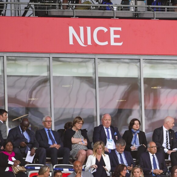 Roxana Maracineanu, Gianni Infantino (président de la FIFA), Noël Le Graët, Chrsitian Estrosi, Guy Stéphan et Didier Deschamps dans les tribunes lors de la Coupe du monde féminine de football, Groupe A, France vs Norvège à Nice, France, le 12 juin 2019. © Pierre Perusseau/Bestimage