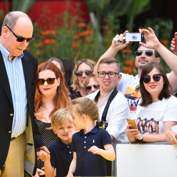 Le prince héréditaire Jacques et la princesse Gabriella de Monaco accompagnaient leur père le prince Albert de Monaco pour fêter le 20e anniversaire de Bob l'éponge, venu avec son ami Patrick l'étoile de mer, à l'occasion du 59e Festival de télévision de Monte-Carlo au Grimaldi Forum à Monaco le 16 juin 2019. © Bruno Bebert / Bestimage