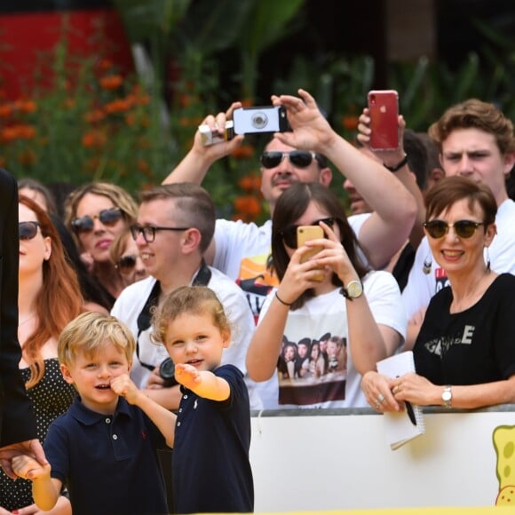 Le prince héréditaire Jacques et la princesse Gabriella de Monaco accompagnaient leur père le prince Albert de Monaco pour fêter le 20e anniversaire de Bob l'éponge, venu avec son ami Patrick l'étoile de mer, à l'occasion du 59e Festival de télévision de Monte-Carlo au Grimaldi Forum à Monaco le 16 juin 2019. © Bruno Bebert / Bestimage