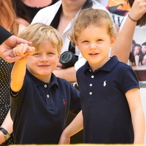 Le prince héréditaire Jacques et la princesse Gabriella de Monaco accompagnaient leur père le prince Albert de Monaco pour fêter le 20e anniversaire de Bob l'éponge, venu avec son ami Patrick l'étoile de mer, à l'occasion du 59e Festival de télévision de Monte-Carlo au Grimaldi Forum à Monaco le 16 juin 2019. © Bruno Bebert / Bestimage