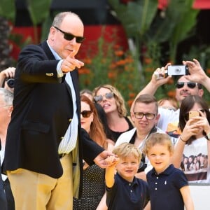 Le prince héréditaire Jacques et la princesse Gabriella de Monaco accompagnaient leur père le prince Albert de Monaco pour fêter le 20e anniversaire de Bob l'éponge, venu avec son ami Patrick l'étoile de mer, à l'occasion du 59e Festival de télévision de Monte-Carlo au Grimaldi Forum à Monaco le 16 juin 2019. © Bruno Bebert / Bestimage