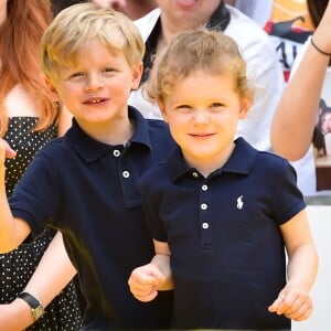 Le prince héréditaire Jacques et la princesse Gabriella de Monaco accompagnaient leur père le prince Albert de Monaco pour fêter le 20e anniversaire de Bob l'éponge, venu avec son ami Patrick l'étoile de mer, à l'occasion du 59e Festival de télévision de Monte-Carlo au Grimaldi Forum à Monaco le 16 juin 2019. © Bruno Bebert / Bestimage