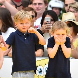 Le prince héréditaire Jacques et la princesse Gabriella de Monaco accompagnaient leur père le prince Albert de Monaco pour fêter le 20e anniversaire de Bob l'éponge, venu avec son ami Patrick l'étoile de mer, à l'occasion du 59e Festival de télévision de Monte-Carlo au Grimaldi Forum à Monaco le 16 juin 2019. © Bruno Bebert / Bestimage