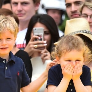 Le prince héréditaire Jacques et la princesse Gabriella de Monaco accompagnaient leur père le prince Albert de Monaco pour fêter le 20e anniversaire de Bob l'éponge, venu avec son ami Patrick l'étoile de mer, à l'occasion du 59e Festival de télévision de Monte-Carlo au Grimaldi Forum à Monaco le 16 juin 2019. © Bruno Bebert / Bestimage