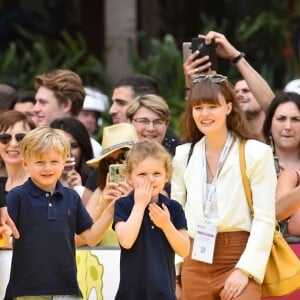 Le prince héréditaire Jacques et la princesse Gabriella de Monaco accompagnaient leur père le prince Albert de Monaco pour fêter le 20e anniversaire de Bob l'éponge, venu avec son ami Patrick l'étoile de mer, à l'occasion du 59e Festival de télévision de Monte-Carlo au Grimaldi Forum à Monaco le 16 juin 2019. © Bruno Bebert / Bestimage