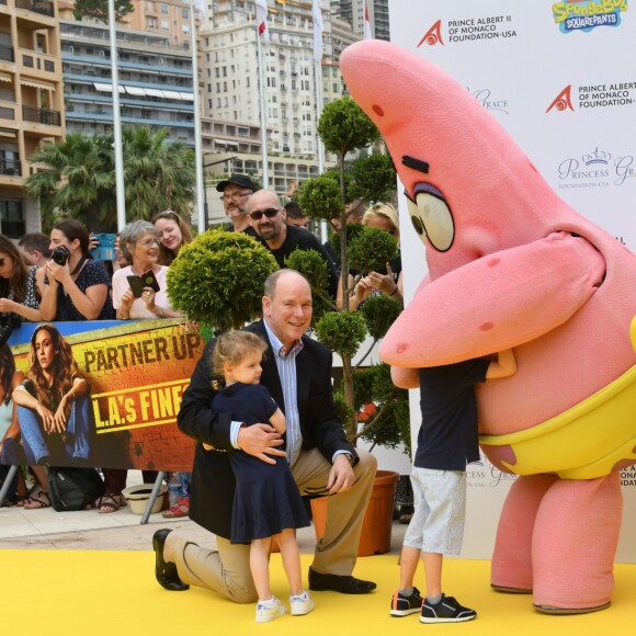 Le prince héréditaire Jacques et la princesse Gabriella de Monaco accompagnaient leur père le prince Albert de Monaco pour fêter le 20e anniversaire de Bob l'éponge, venu avec son ami Patrick l'étoile de mer, à l'occasion du 59e Festival de télévision de Monte-Carlo au Grimaldi Forum à Monaco le 16 juin 2019. © Bruno Bebert / Bestimage