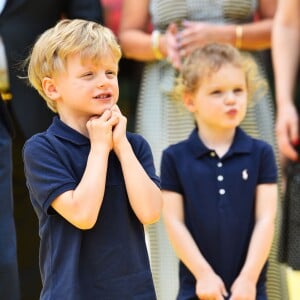 Le prince héréditaire Jacques et la princesse Gabriella de Monaco accompagnaient leur père le prince Albert de Monaco pour fêter le 20e anniversaire de Bob l'éponge, venu avec son ami Patrick l'étoile de mer, à l'occasion du 59e Festival de télévision de Monte-Carlo au Grimaldi Forum à Monaco le 16 juin 2019. © Bruno Bebert / Bestimage