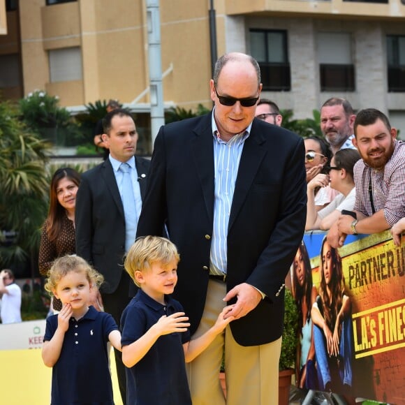 Le prince héréditaire Jacques et la princesse Gabriella de Monaco accompagnaient leur père le prince Albert de Monaco pour fêter le 20e anniversaire de Bob l'éponge, venu avec son ami Patrick l'étoile de mer, à l'occasion du 59e Festival de télévision de Monte-Carlo au Grimaldi Forum à Monaco le 16 juin 2019. © Bruno Bebert / Bestimage