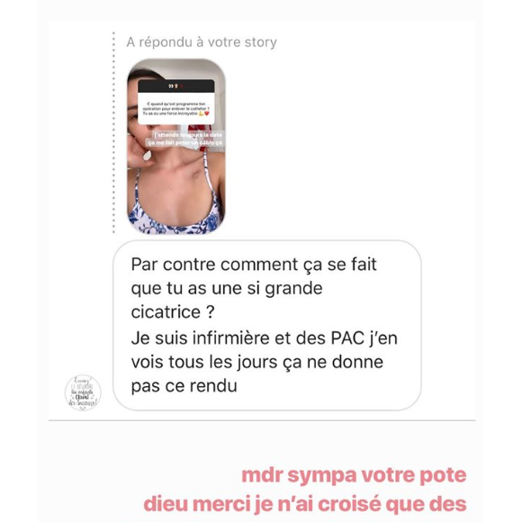 Agathe Auproux répond à une internaute qui se questionne sur sa cicatrice, dimanche 30 juin 2019 sur Instagram.