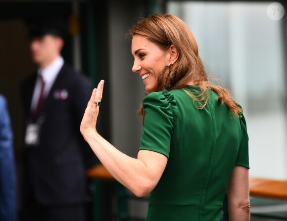 Catherine (Kate) Middleton, duchesse de Cambridge arrivent à Wimbledon pour la finale féminine à Londres, le 13 juillet 2019.