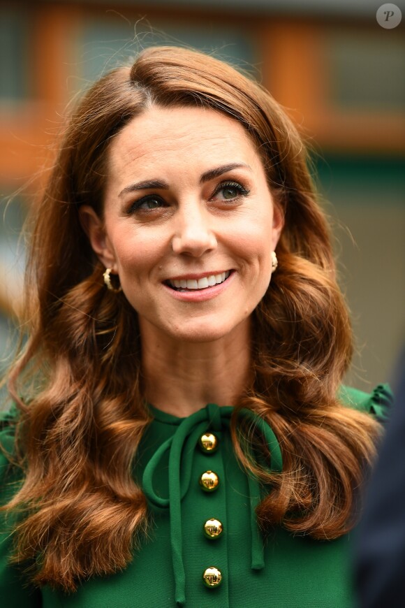Catherine (Kate) Middleton, duchesse de Cambridge arrivent à Wimbledon pour la finale féminine à Londres, le 13 juillet 2019.