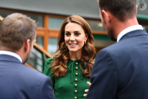 Catherine (Kate) Middleton, duchesse de Cambridge arrivent à Wimbledon pour la finale féminine à Londres, le 13 juillet 2019.