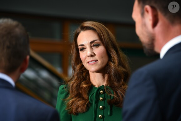 Catherine (Kate) Middleton, duchesse de Cambridge arrivent à Wimbledon pour la finale féminine à Londres, le 13 juillet 2019.