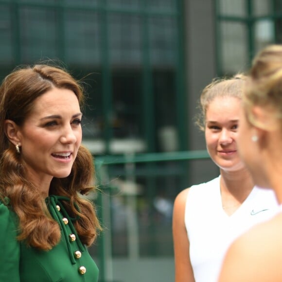 Catherine (Kate) Middleton, duchesse de Cambridge arrivent à Wimbledon pour la finale féminine à Londres, le 13 juillet 2019.