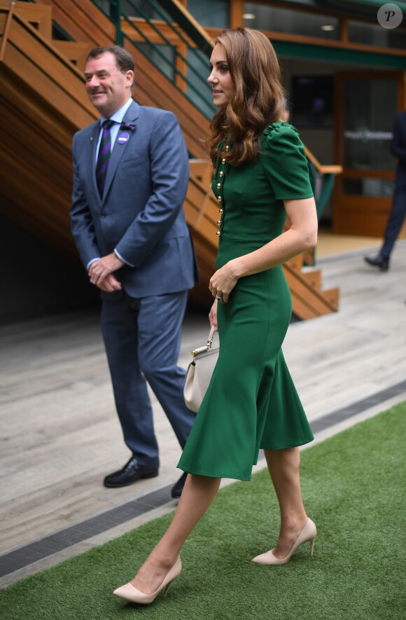 Catherine (Kate) Middleton, duchesse de Cambridge arrivent à Wimbledon pour la finale féminine à Londres, le 13 juillet 2019.
