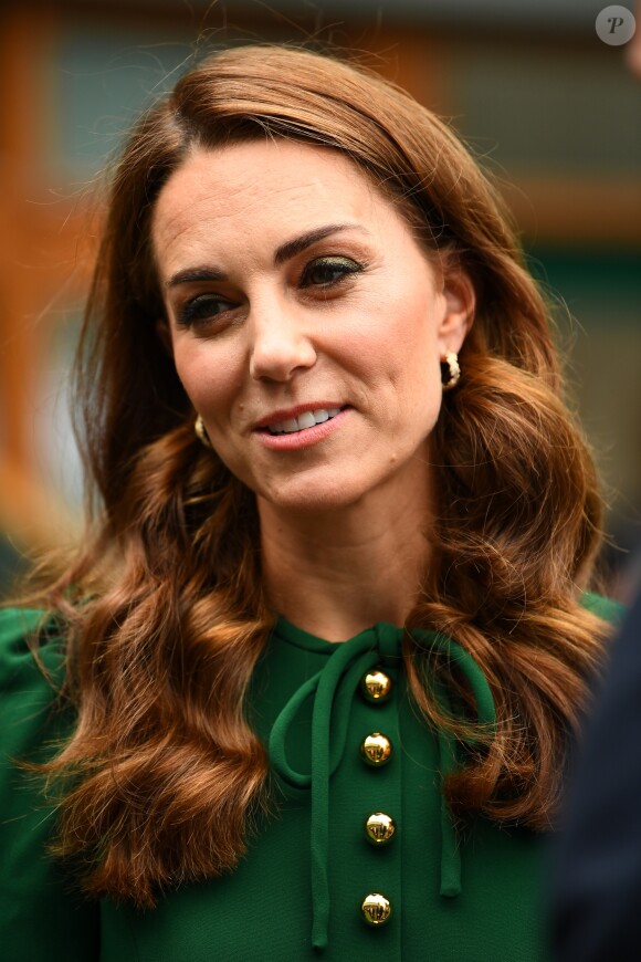 Catherine (Kate) Middleton, duchesse de Cambridge arrivent à Wimbledon pour la finale féminine à Londres, le 13 juillet 2019.
