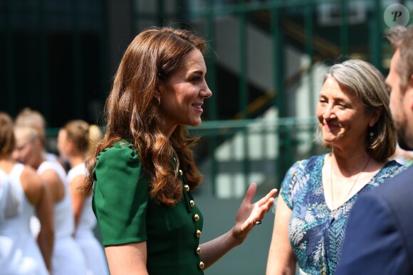 Catherine (Kate) Middleton, duchesse de Cambridge arrivent à Wimbledon pour la finale féminine à Londres, le 13 juillet 2019.