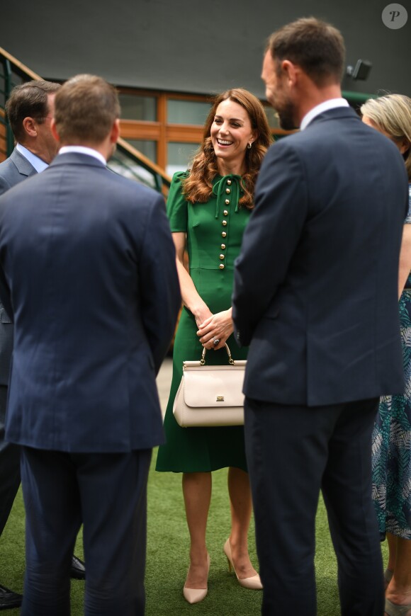 Catherine (Kate) Middleton, duchesse de Cambridge arrivent à Wimbledon pour la finale féminine à Londres, le 13 juillet 2019.