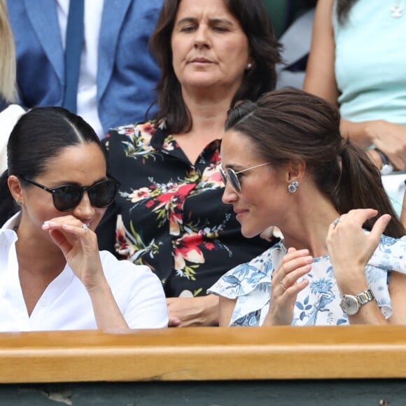 Kate Middleton, Meghan Markle et Pippa Middleton très complices lors du tournois de Wimbledon, le samedi 13 juillet 2019.