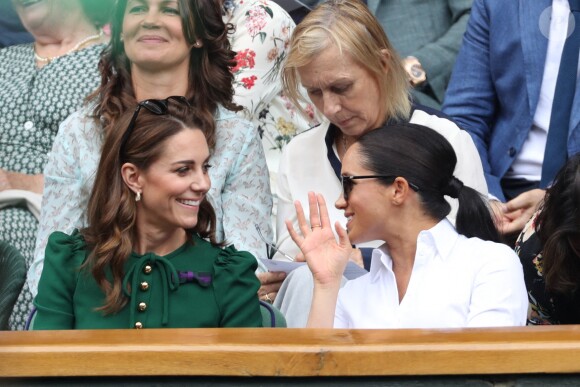 Kate Middleton, Meghan Markle et Pippa Middleton très complices lors du tournois de Wimbledon, le samedi 13 juillet 2019.