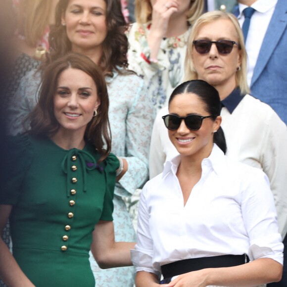 Kate Middleton, Meghan Markle et Pippa Middleton très complices lors du tournois de Wimbledon, le samedi 13 juillet 2019.