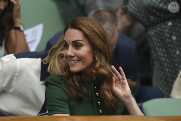 Catherine (Kate) Middleton, duchesse de Cambridge, Meghan Markle, duchesse de Sussex, et Pippa Middleton dans les tribunes lors de la finale femme de Wimbledon "Serena Williams - Simona Halep (2/6 - 2/6) à Londres, le 13 juillet 2019.