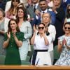 Catherine (Kate) Middleton, duchesse de Cambridge, Meghan Markle, duchesse de Sussex, et Pippa Middleton dans les tribunes lors de la finale femme de Wimbledon "Serena Williams - Simona Halep (2/6 - 2/6) à Londres, le 13 juillet 2019.