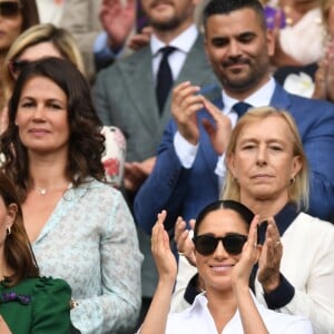 Catherine (Kate) Middleton, duchesse de Cambridge, Meghan Markle, duchesse de Sussex, et Pippa Middleton dans les tribunes lors de la finale femme de Wimbledon "Serena Williams - Simona Halep (2/6 - 2/6) à Londres, le 13 juillet 2019.