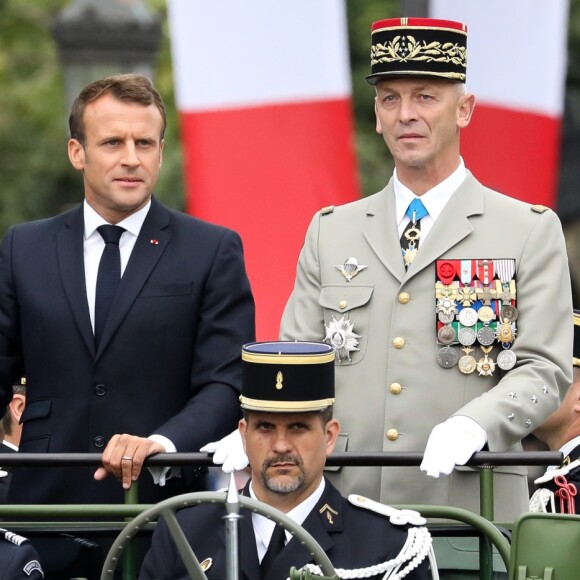 Emmanuel Macron, président de la République Française, Général François Lecointre (chef d'État-Major des armées) lors du 139ème défilé militaire du 14 juillet sur les Champs-Elysées, jour de la Fête Nationale. Paris, le 14 juillet 2019. © Stéphane Lemouton/Bestimage