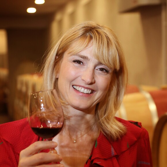 Exclusif - L'actrice Julie Gayet à l'occasion de sa journèe de conférence et de masterclass sur le cinéma au Féminin durant le festival du film international de Pauillac, dans le Médoc, a pu visiter le prestigieux Château Grand-Puy Ducasse, Grand cru classé, qui a la particularité d'avoir une femme maître de chais, Cécile Barnier, à la tête des précieuses cuvées. Julie Gayet était heureuse et étonnée de voir une femme à la tête des caves du château. Elle a ensuite réalisé une photo en 3D et en mouvement avec un système regroupant une vingtaine d'appareils photos déclenchant en même temps, à Pauillac, France, le 10 Juillet 2019. © Bernard-Lhomer/Bestimage