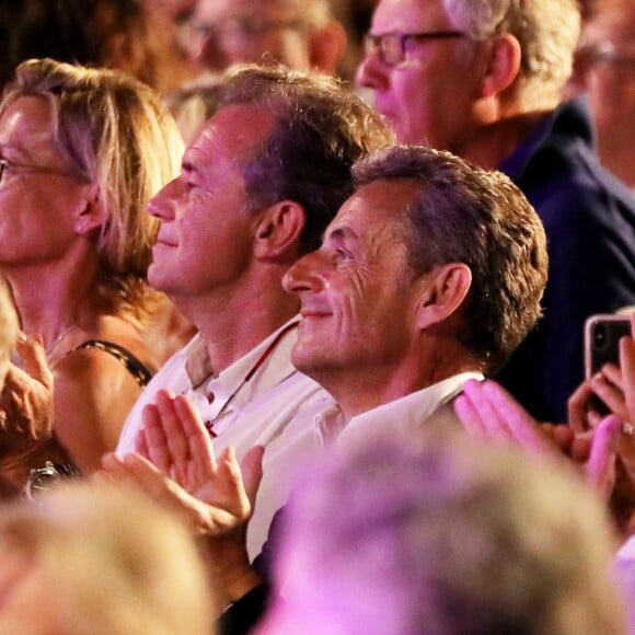 Semi-exclusif - Renaud Muselier, Nicolas Sarkozy et Gil Bernardi (Maire de Le Lavandou) - Carla Bruni-Sarkozy en concert au théâtre de Verdure du Grand Jardin à Le Lavandou le 23 juillet 2019. © Dominique Jacovides-Cyril Moreau/Bestimage