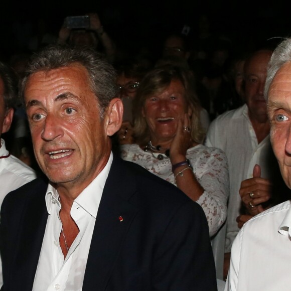 Semi-exclusif - Renaud Muselier, Nicolas Sarkozy et Gil Bernardi (Maire de Le Lavandou) - Carla Bruni-Sarkozy en concert au théâtre de Verdure du Grand Jardin à Le Lavandou le 23 juillet 2019. © Dominique Jacovides-Cyril Moreau/Bestimage