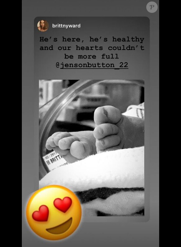 Brittny Ward annonce la naissance de son premier enfant avec Jenson Button sur Instagram le 25 juillet 2019.