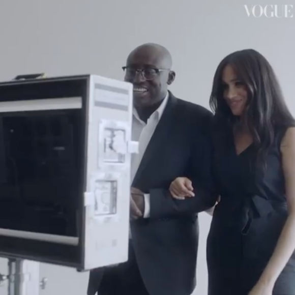 Meghan Markle, duchesse de Sussex, alors enceinte de son fils Archie, lors d'une séance de travail avec le rédacteur en chef du Vogue britannique Edward Enninful pour la préparation du numéro de septembre 2019.