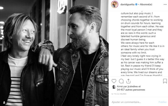 David Guetta réagit à la mort de son ami et compositeur Fred Rister sur Instagram le 20 août 2019.