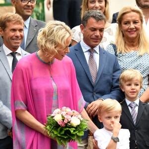 La Princesse Charlene de Monaco et le prince Jacques durant le traditionnel Pique-nique des monégasques au parc princesse Antoinette à Monaco le 6 septembre 2019. Cette année, l'événement a du être légérement raccourci à cause de la pluie, la famille princière était entourée par Monseigneur Barsi, le maire de Monaco M. Georges Marsan, par leurs cousins Jean-Léonard de Massy, son fils Melchior et Mélanie De Massy. © Bruno Bebert / PRM / Bestimage