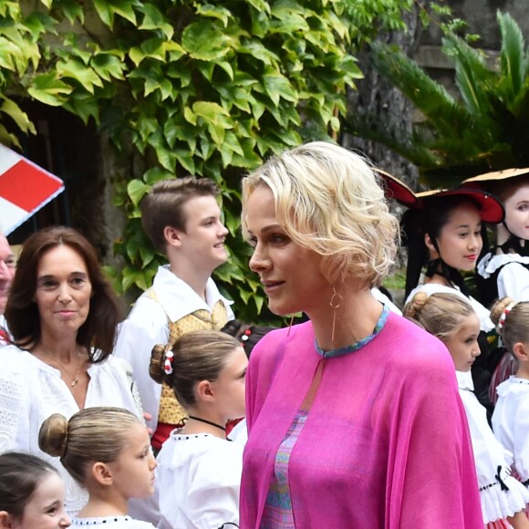 La Princesse Charlene de Monaco et le prince Jacques durant le traditionnel Pique-nique des monégasques au parc princesse Antoinette à Monaco le 6 septembre 2019. Cette année, l'événement a du être légérement raccourci à cause de la pluie, la famille princière était entourée par Monseigneur Barsi, le maire de Monaco M. Georges Marsan, par leurs cousins Jean-Léonard de Massy, son fils Melchior et Mélanie De Massy. © Bruno Bebert / PRM / Bestimage