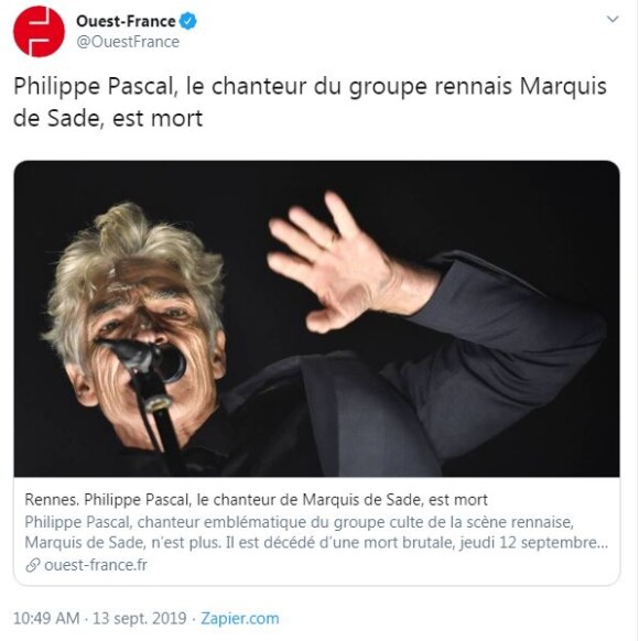 "Ouest-France" annonce la mort de Philippe Pascal à 63 ans. Le chanteur du groupe Marquis de Sade se serait suicidé.