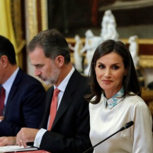 Letizia d'Espagne et son mari le roi Felipe au palais royal d'Aranjuez pour la réunion annuel de la Fondation Cervantes, le 2 octobre 2019.