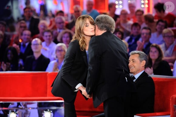 Exclusif - Carla Bruni-Sarkozy, Nicolas Sarkozy et Michel Drucker - Enregistrement de l'émission "Vivement Dimanche" à Paris le 30 septembre 2019. Diffusion le 06/10/2019 sur France 2 . © Guillaume Gaffiot/Bestimage