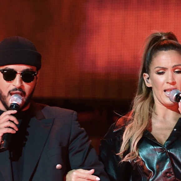 Slimane et Vitaa lors du concert de Maitre Gims au Stade de France à Saint-Denis le 28 septembre 2019. © Giancarlo Gorassini / Bestimage  Maitre Gims in concert at Stade de France , Saint-Denis on September 28, 2019.28/09/2019 - Saint-Denis