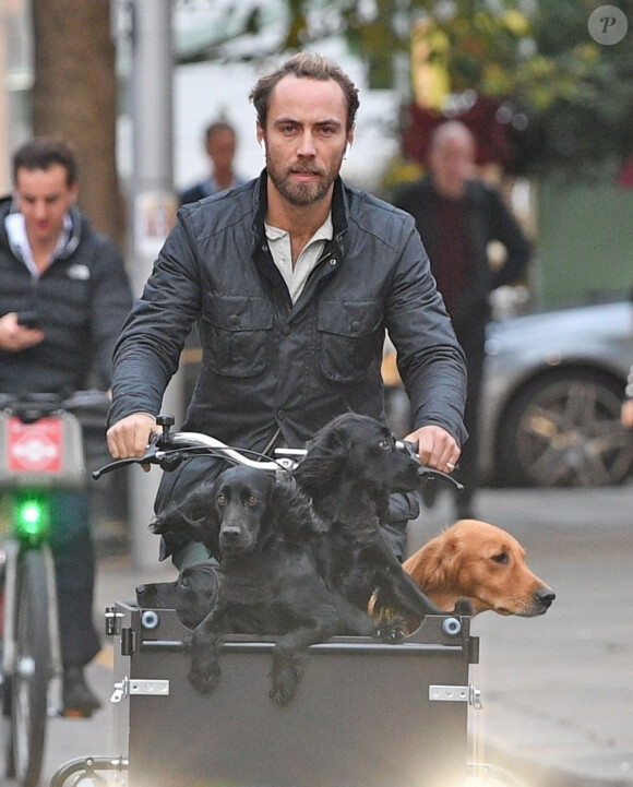 Exclusif - James Middleton promène ses chiens à bord de son triporteur à Londres, le 10 octobre 2019.