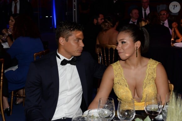 Exclusif - Thiago Silva et sa femme Isabele - Dîner de gala au profit de la Fondation PSG au Parc des Princes à Paris le 16 mai 2017. © Rachid Bellak/Bestimage