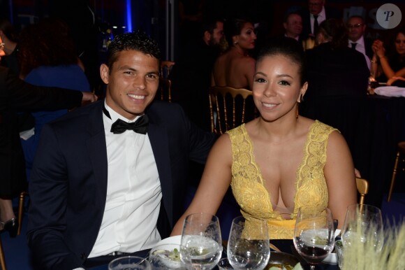 Exclusif - Thiago Silva et sa femme Isabele - Dîner de gala au profit de la Fondation PSG au Parc des Princes à Paris le 16 mai 2017. © Rachid Bellak/Bestimage