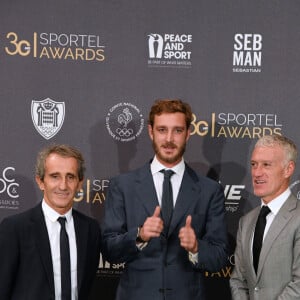 Alain Prost, récompensé pour l'ensemble de sa carrière, Prix de la légende 2019, Pierre Casiraghi et Didier Deschamps durant la soirée des Sportel Awards 2019 au Grimaldi Forum à Monaco le 22 octobre 2019. © Bruno Bebert/Bestimage