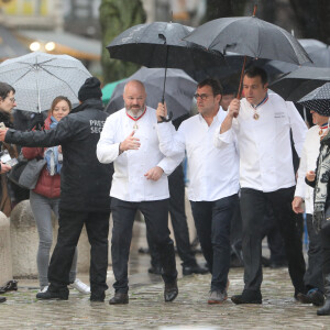 Les chefs Philippe Etchebest, Michel Sarran et Christophe Raoux - Obsèques de Paul Bocuse en la cathédrale Saint-Jean de Lyon. Le 26 janvier 2018